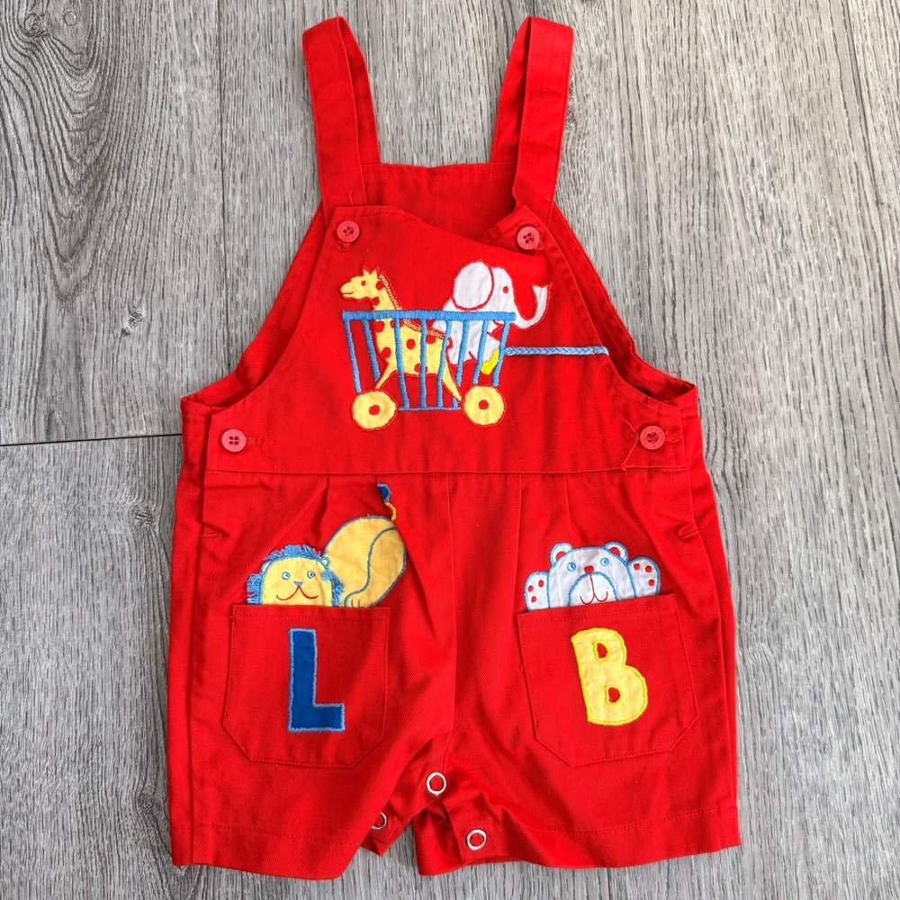 Vintage Happy Kids Red Shorts Overalls with Animal appliqué size 18 month